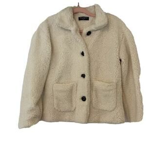 Few Moda Winter White Teddy Coat Sherpa Button Closure Waist Length woman Sz S